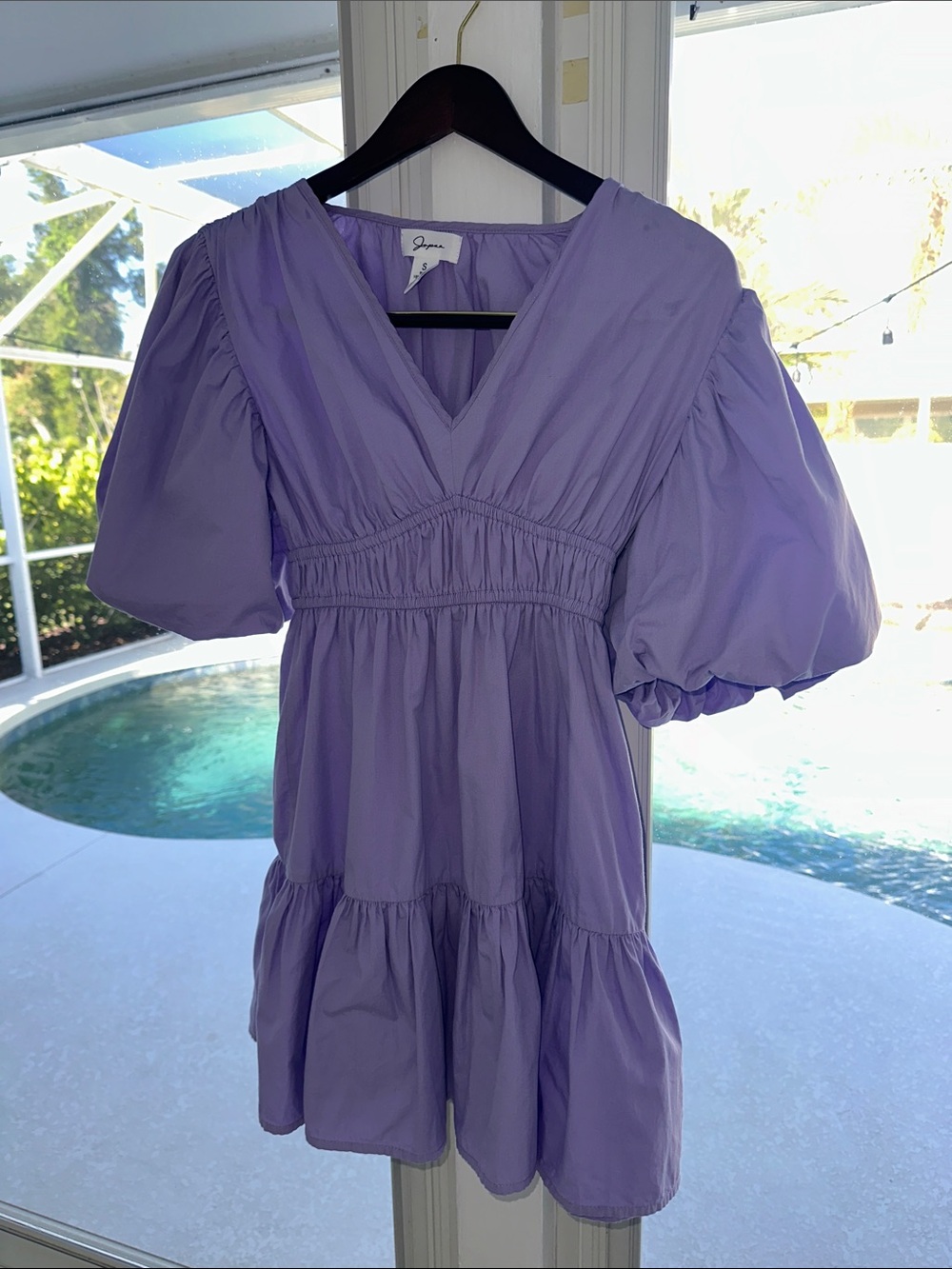 Japna Lavender Puff Sleeve V-Neck Tiered Dress